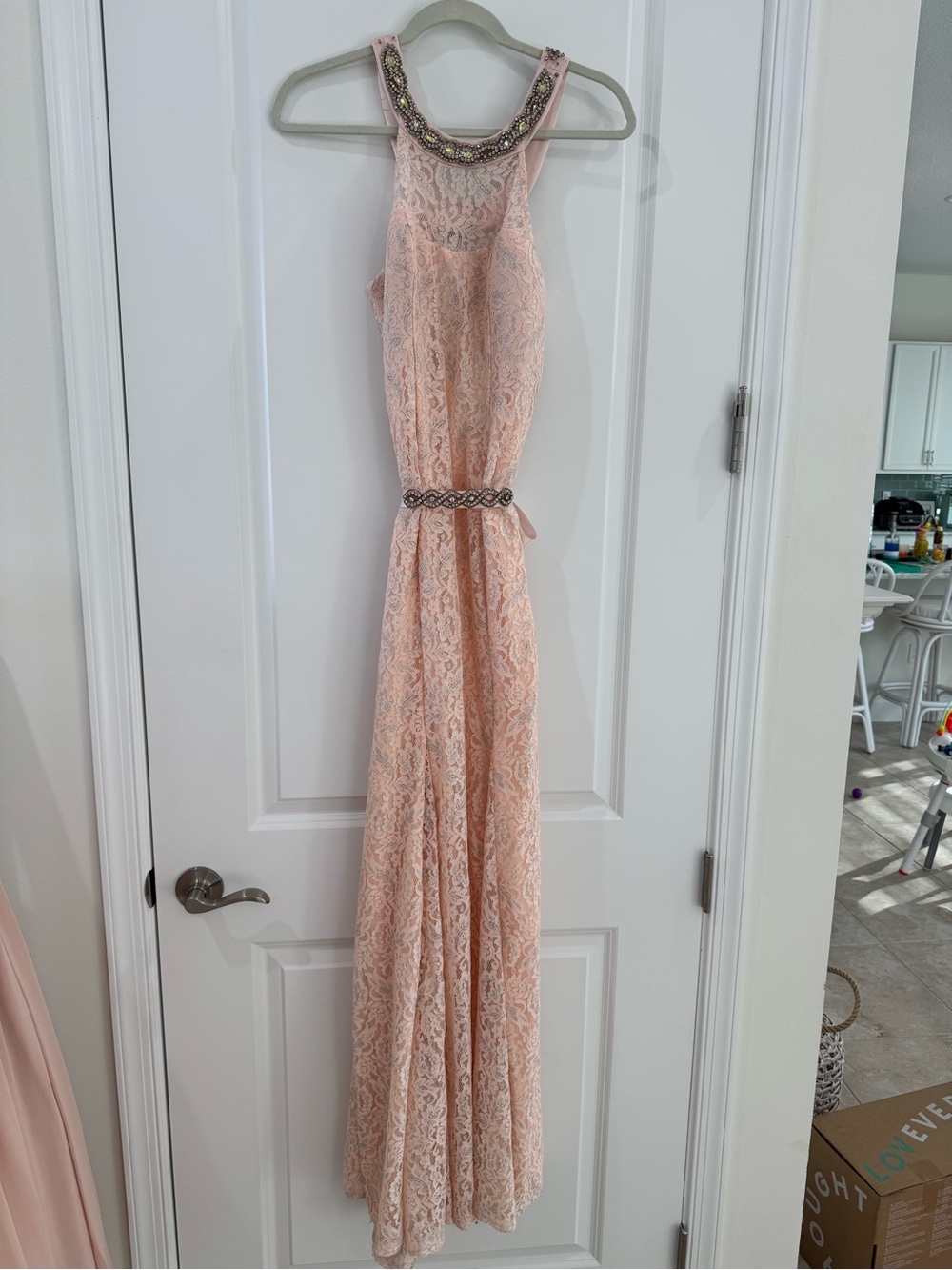 Sequin Hearts Pink Lace Maxi Dress with Beaded Neckline and accent ribbon belt